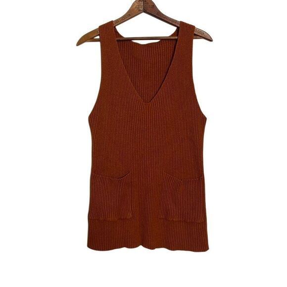 Ribbed Knit V-Neck Pockets Stretch Pullover Sweater Tank Terracotta Size XS - Picture 1 of 6